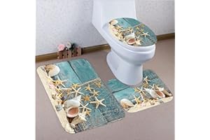 YUDONG 3D Bathroom Rugs Set 3 Piece,Washable Beach Starfish Seashells Bathroom Rug Mats,Non-Slip Bathroom Floor Mat+ U-Shaped Toilet Mat + Toilet Seat Cover ， Beach Starfish Decorations
