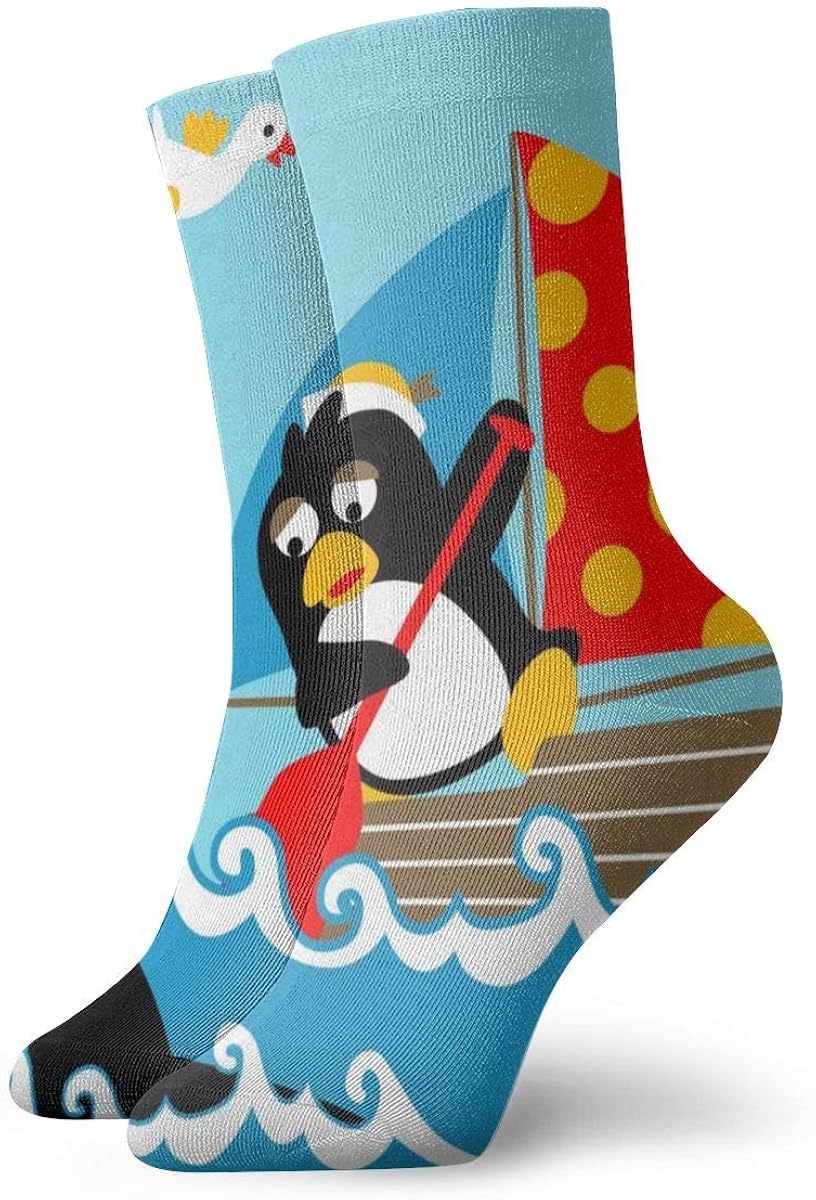 Cartoon Penguin On Sailboat Attacked Shark_345 Painting Art Printed Funny Novelty Animal Casual Cotton Crew Socks 11.8inch