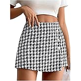WDIRARA Women's Petite Houndstooth Wrap Skorts High Waisted Asymmetrical Tweed Skirt Shorts