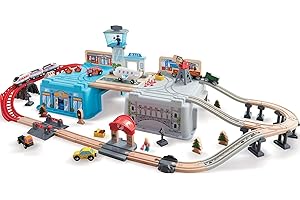 Hape Super Cityscape Transport Bucket | Wooden Toy Train Set with City Scenes, Plane, Battery-Powered Engine, for Children 3+ Years