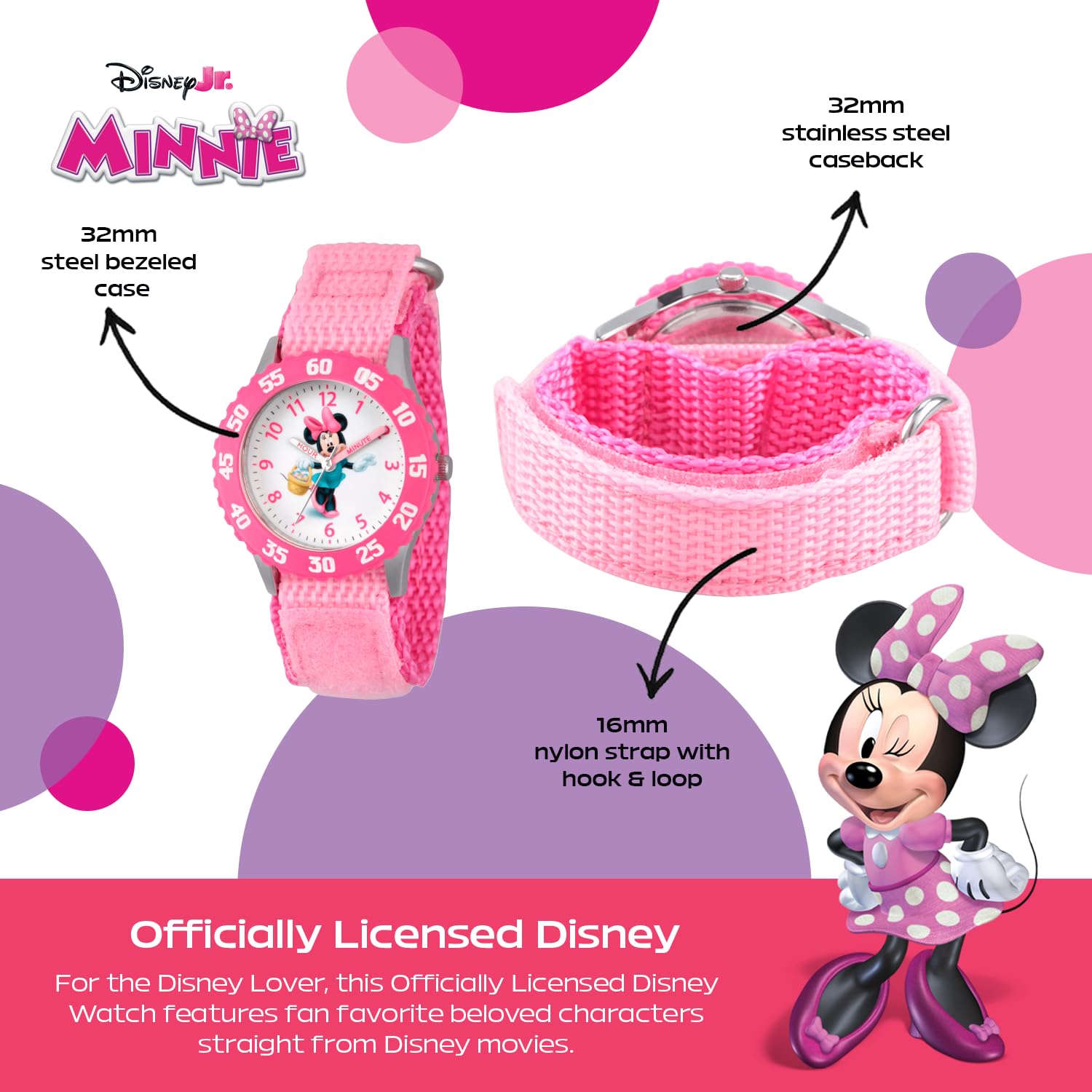 Disney Minnie Mouse Watch for Kids – Cute Minnie Watch for Girls & Toddlers, Pink Bezel, Purple Nylon Strap, Fun Mouse Watches Kids 3-5, Gift for Little Fans