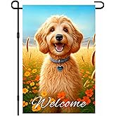 IVN Spring Summer Welcome Dog Garden Flag 12x18 Inch Double Sided Golden Dog Garden Flags For Outside Cute Puppy Floral Field Yard Flag Lawn Porch Patio Outdoor Decor