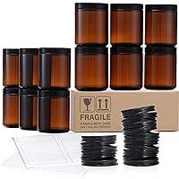 12 Pack, 8 OZ Amber Round Glass Jars with 12 Metal Lids & 12 Plastic Lids - Empty Candle Jar, Food Storage Containers…