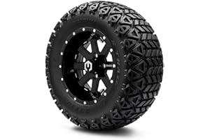 GOLF CART KING MODZ® Assault Glossy Black with Ball Mill 12" Golf Cart Wheels and Arisun X-Trail (23x10-12) DOT All-Terrain Golf Cart Tires Combo - Set of 4