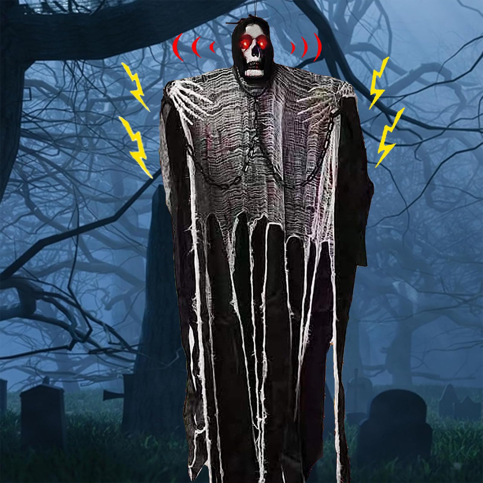 Photo 1 of 71" Life Size Halloween Outdoor Decorations with Light-Up Eyes & Sound Adjustable Arms, 6FT Halloween Decoration for Indoor Outdoor Tree Yard Lawn Decor, Scary Black Ghost Skeleton Grim Reaper