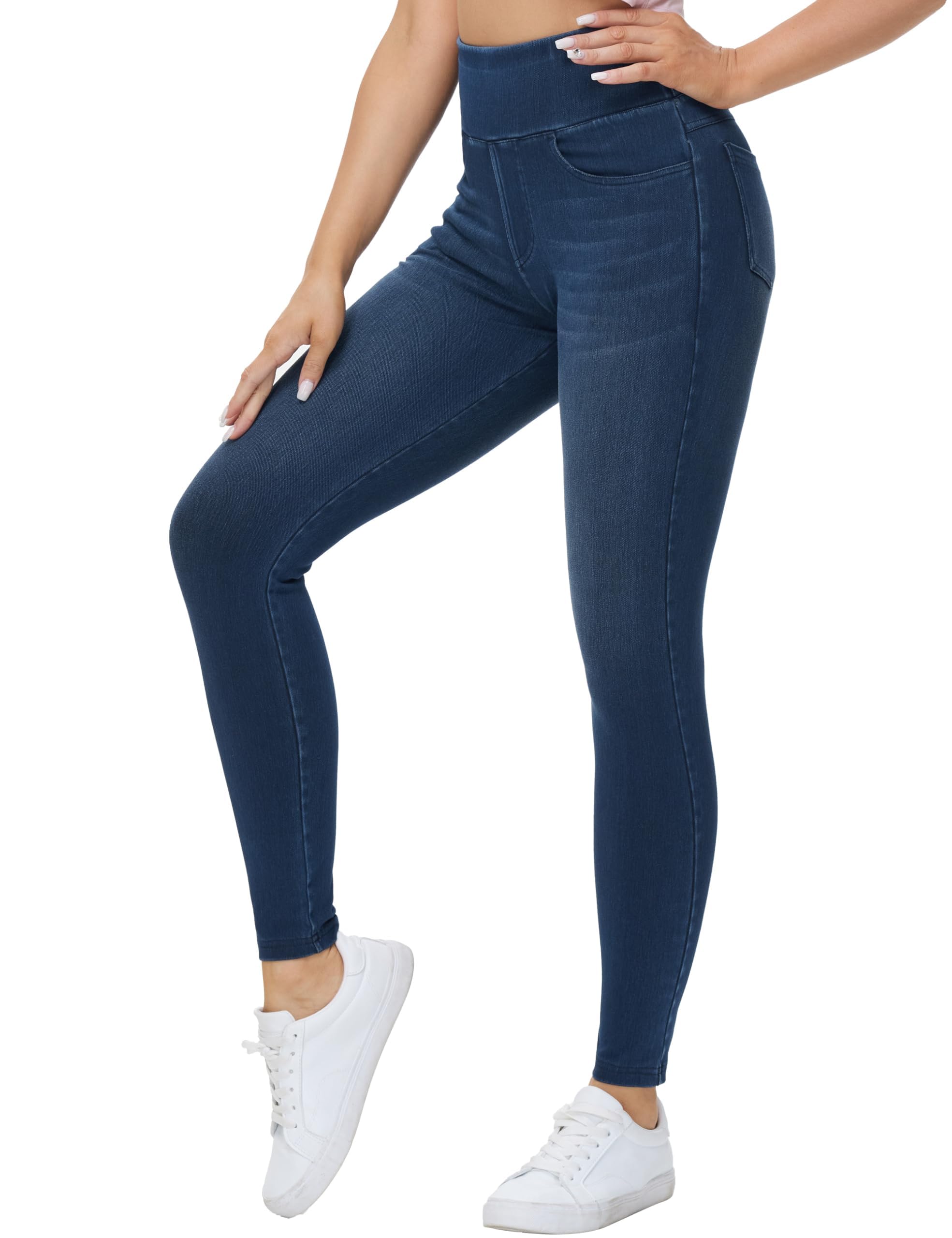 Photo 1 of THE GYM PEOPLE Women's High Waisted Jeggings Pants Stretchy Tummy Control Skinny Jean Leggings with Pockets Dark Blue