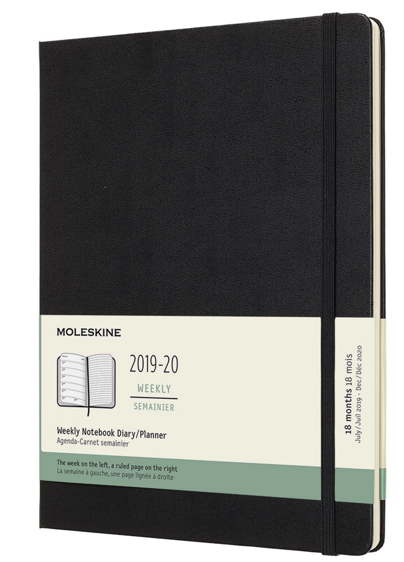 Moleskine 18 Months Agenda Weekly 2019/2020, Academic Diary with Hard Cover and Elastic Closure, Black Colour, Extra Large 19 x 25 cm, 208 Pages