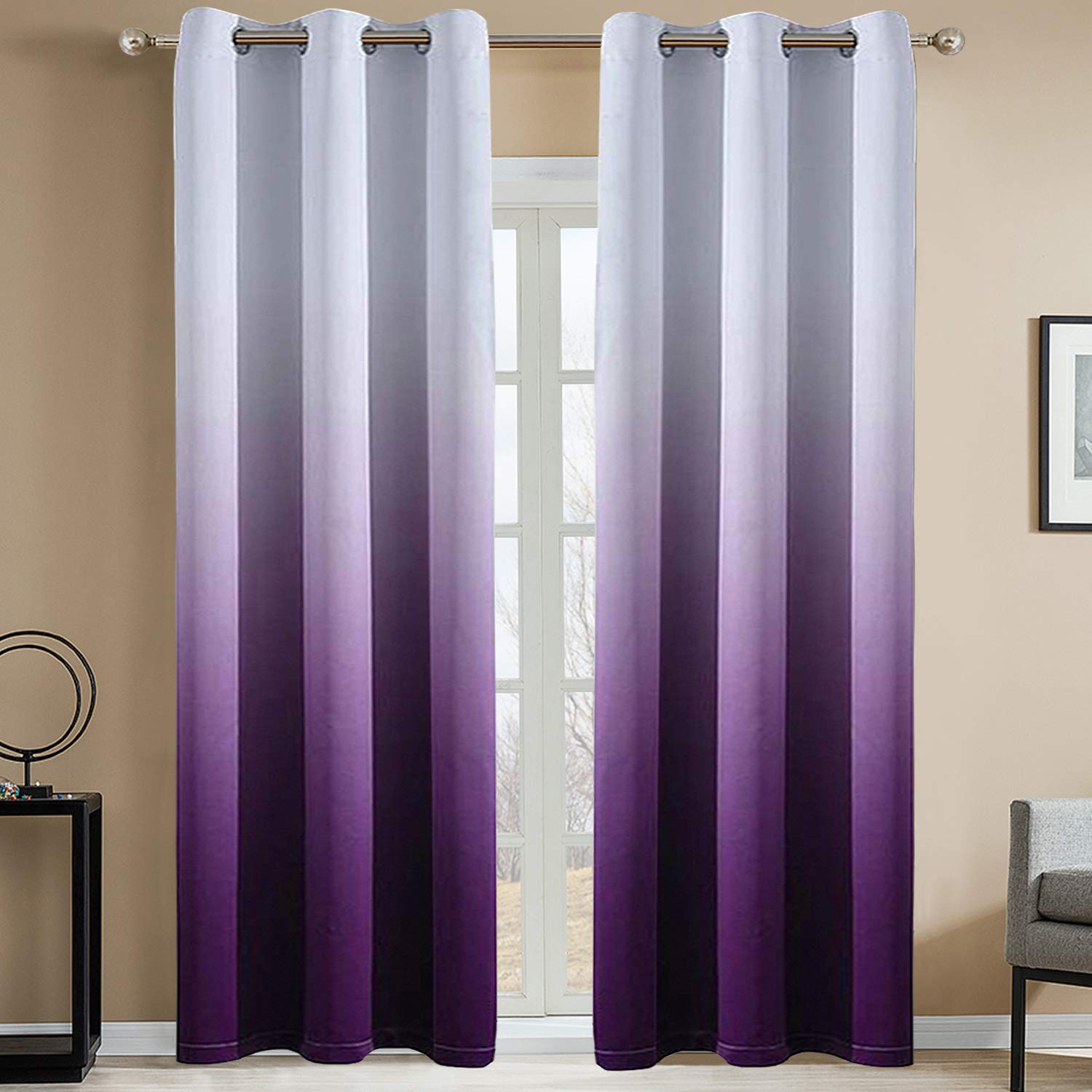 Yakamok Light Blocking Gradient Color Curtain Panels Purple Ombre Blackout Curtains Room Darkening Thermal Insulated Grommet Window Drapes for Living Room/Bedroom (Purple, 2 Panels, 42x96 Inch)