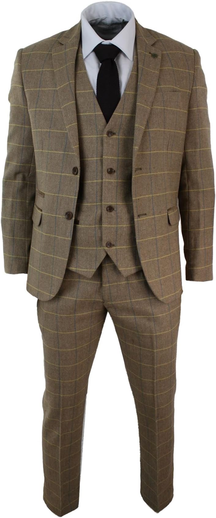 Mens Check Vintage Herringbone Tweed Light Brown Oak 3 Piece Suit Slim Fit