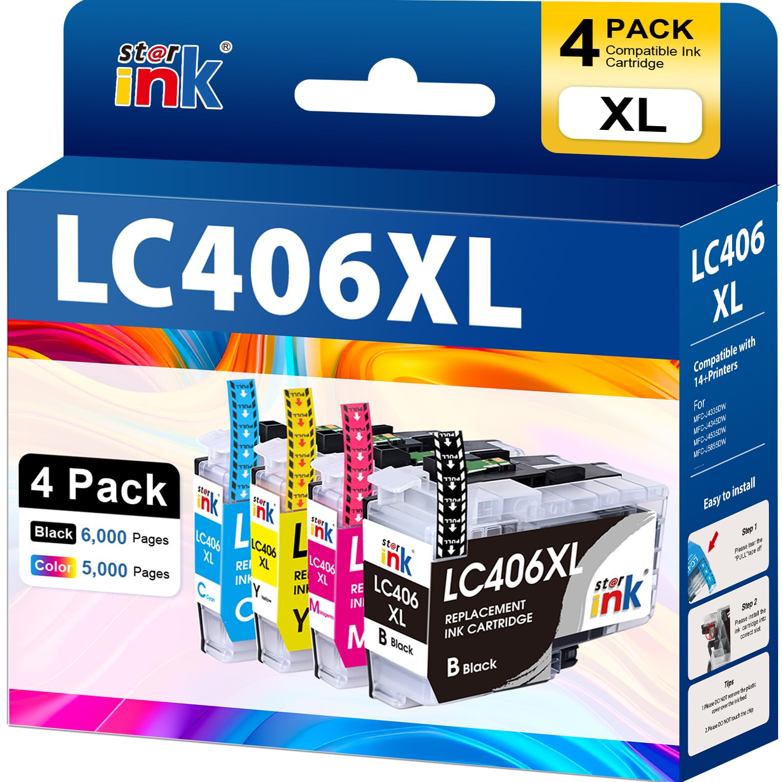 Photo 1 of Starink LC406XL LC406 Ink Cartridges for Brother Printer LC406XL LC406 Compatible with Brother MFC-J4535DW MFC-J4335DW MFC-J5855DW MFC-J6555DW MFC-J6955DW Printer (4 Pack Black Cyan Magenta Yellow)