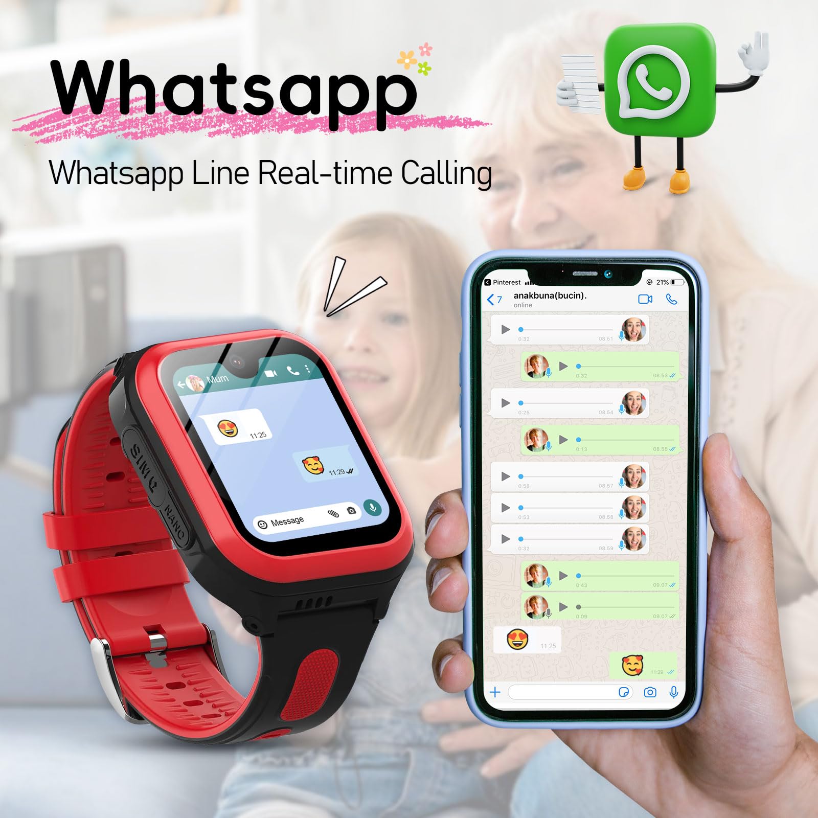 Wonlex 4G Smartwatch for Kids with SIM Card, 1.78 Inch Touch Screen Phone Watch with Video Calling, Voice Chat, SOS, Camera, Music, Pedometer, Birthday Gift for Girls and Boys 8-12 Years Old