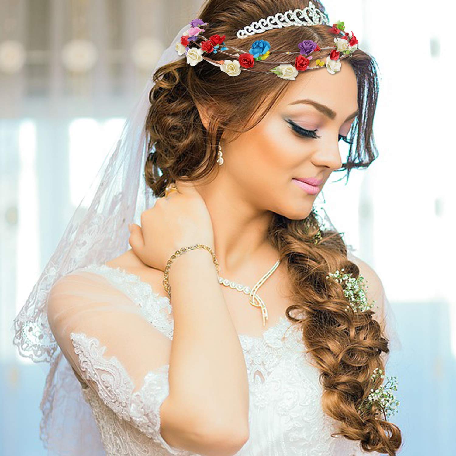 B bangcool LED Flower Crowns Headband, Light Up Flowers Wreath Hair Hoop Floral Headpiece Bulk Photograph Prop for Girls Women Wedding Graduation Festival Holiday Christmas Halloween Party(10PCS)