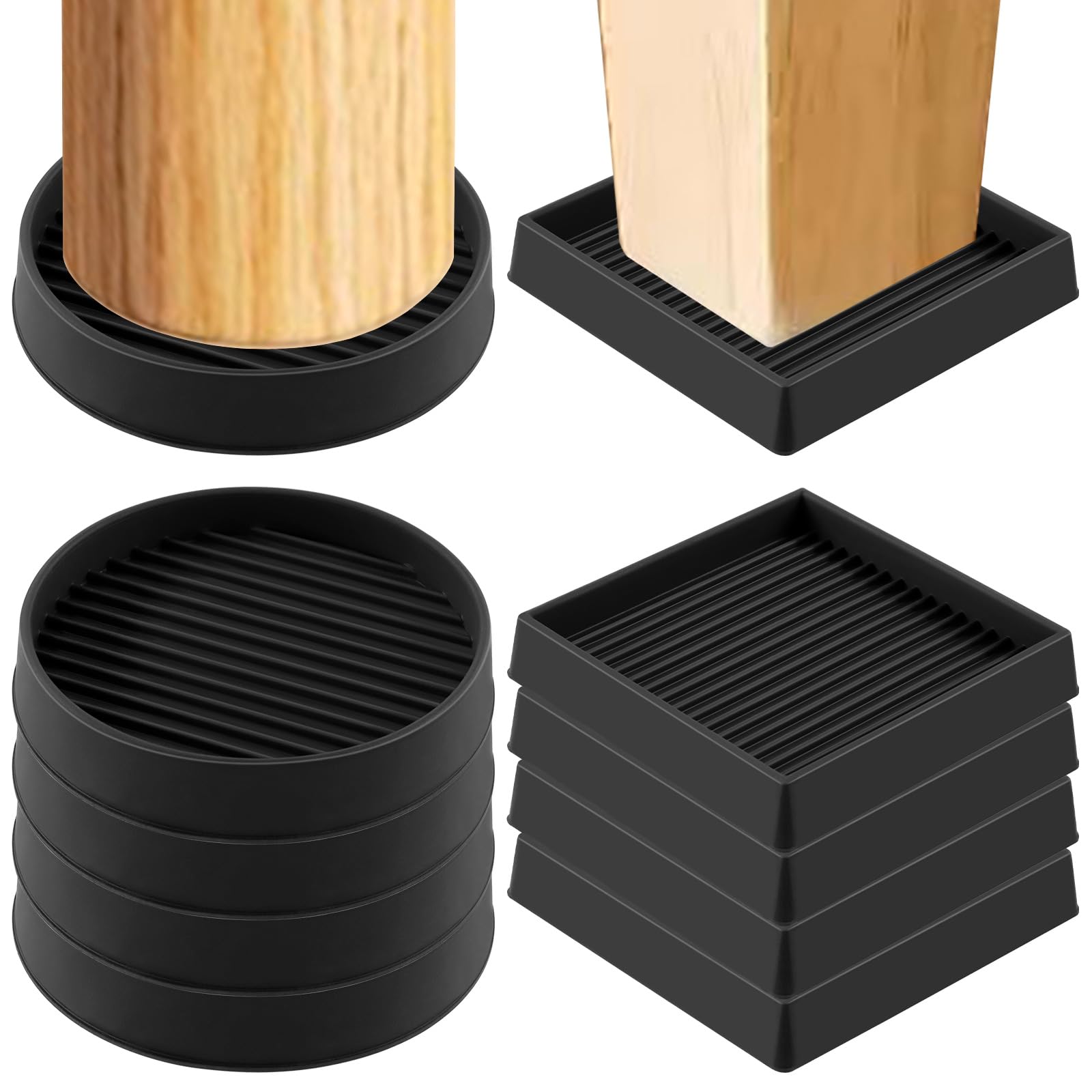 Swpeet 8Pcs 3" x 3" 2 Styles Round and Square Black Rubber Anti Skid Caster Cups Non Slip Furniture Pads Kit, Anti-Slip Gripper, Furniture Feet Anti Slide Floor Stoppers for Bed Couch Table Chair