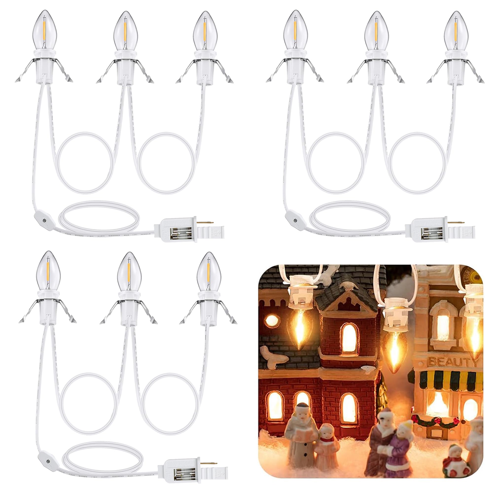 Photo 1 of Leelosp 3 Set Accessory Cord with 3 LED Bulbs, C7 Christmas Village Lights, 6.5ft Village Cord Lights with On/Off Switch Plugs for Ceramic, Craft Halloween Christmas Village Decor