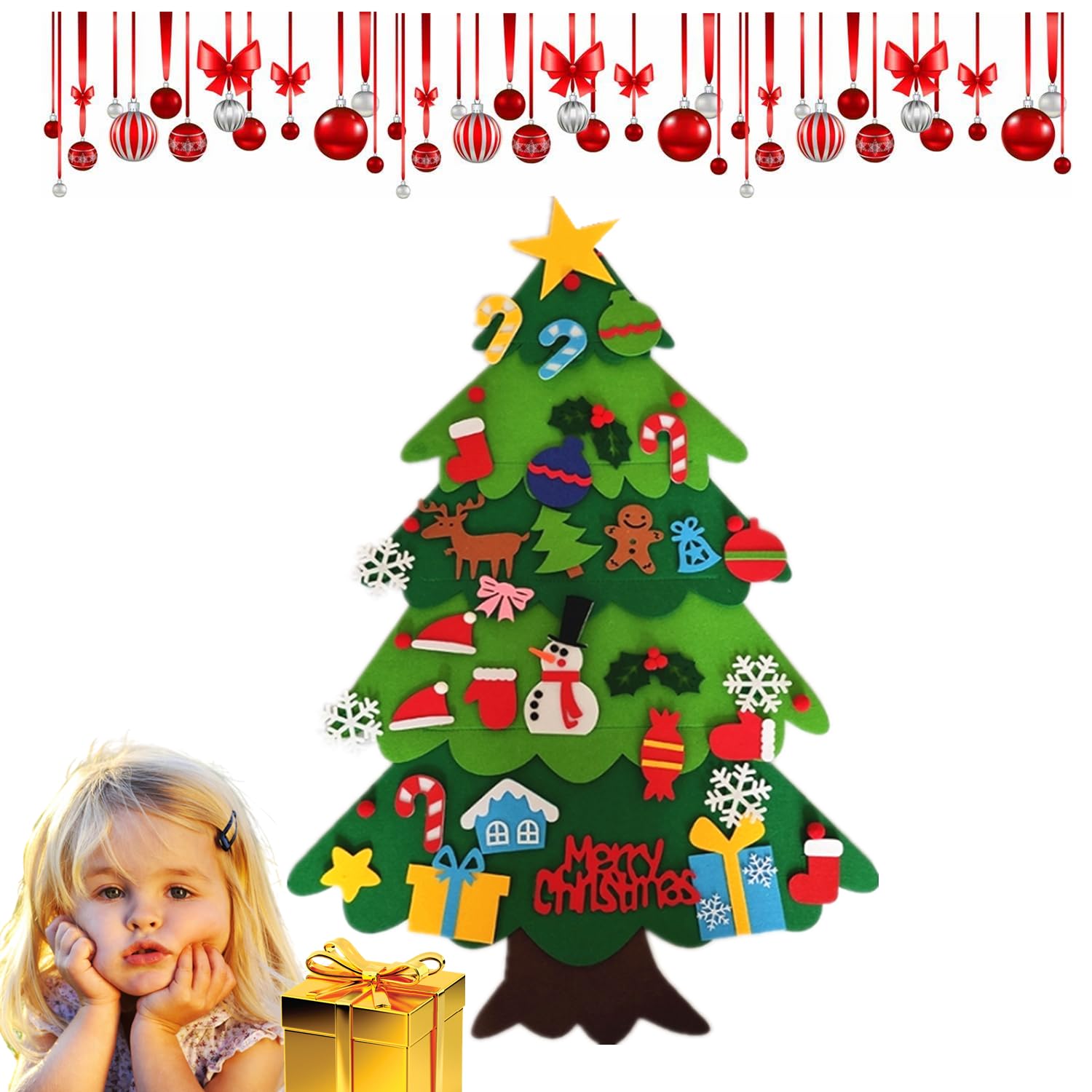DIY Felt Christmas Tree,3.28ft Felt Candy Cane Dec Tree Set with 32Pcs Detachable Christmas Ornaments for Kids/Toddlers,Wall Hanging FeltXmas Trees Non-woven Xmastree Gifts Home Door Window Decor Kit