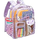 Bagseri Clear Backpack for Girls, 15 Inch Heavy Duty Kids Transparent Bookbag for School Kindergarten to 2nd Grade, Fits 12.5 Inch Folders, High Visibility Reflective Strips, Purple Floral