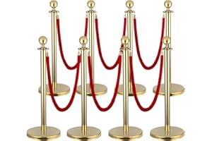 LEPOHOME 8 Pack Stanchion Post, 5 ft Red Velvet Rope Red Carpet Ropes and Poles, Stainless Steel Gold Stanchions for Grand Opening Casino Theme Party Decorations Crowd Control Barriers