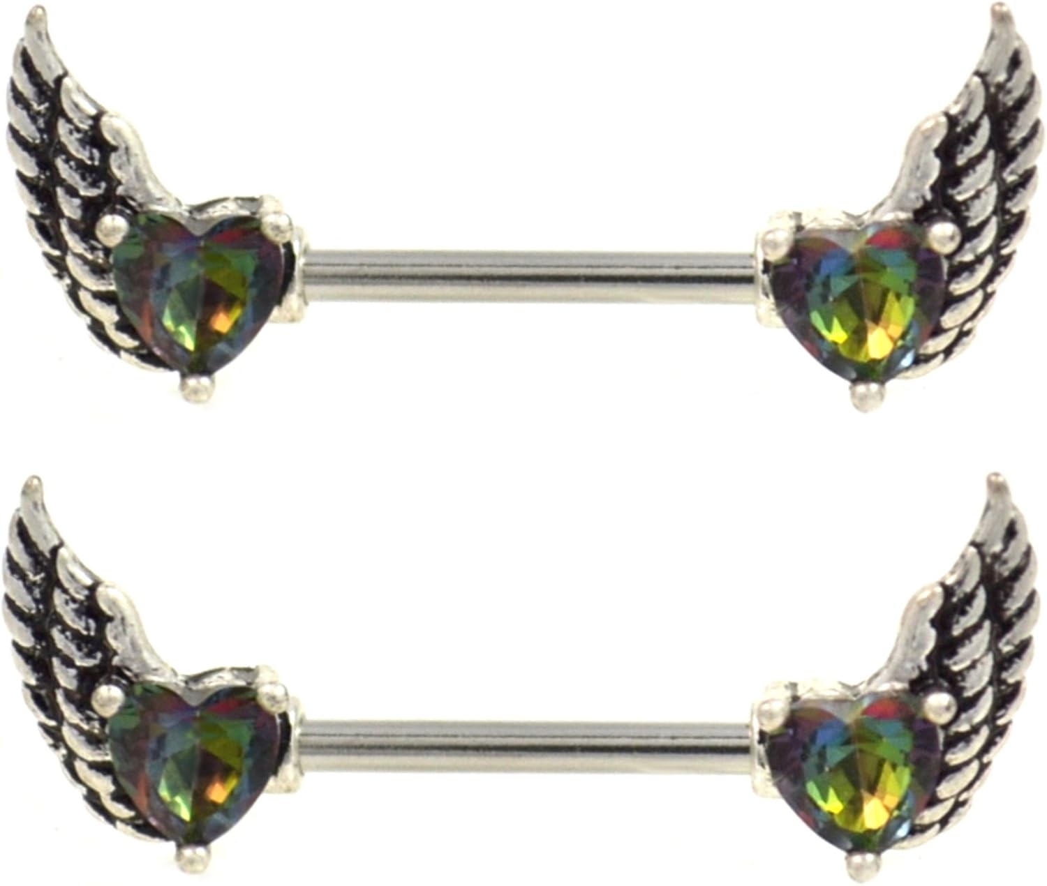Pair of Heart CZ Gothic Wings Steel Nipple Piercing Rings