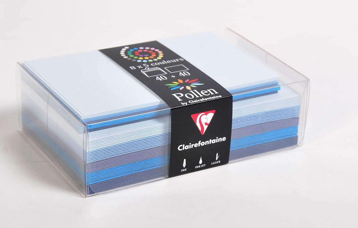 Clairefontaine 20861C Set of 40 Self-Adhesive Envelopes Format 9x14cm 40 Plain Cards Format 8,2x12,8cm Pollen Correspondence Blue Theme 5 Different Colours