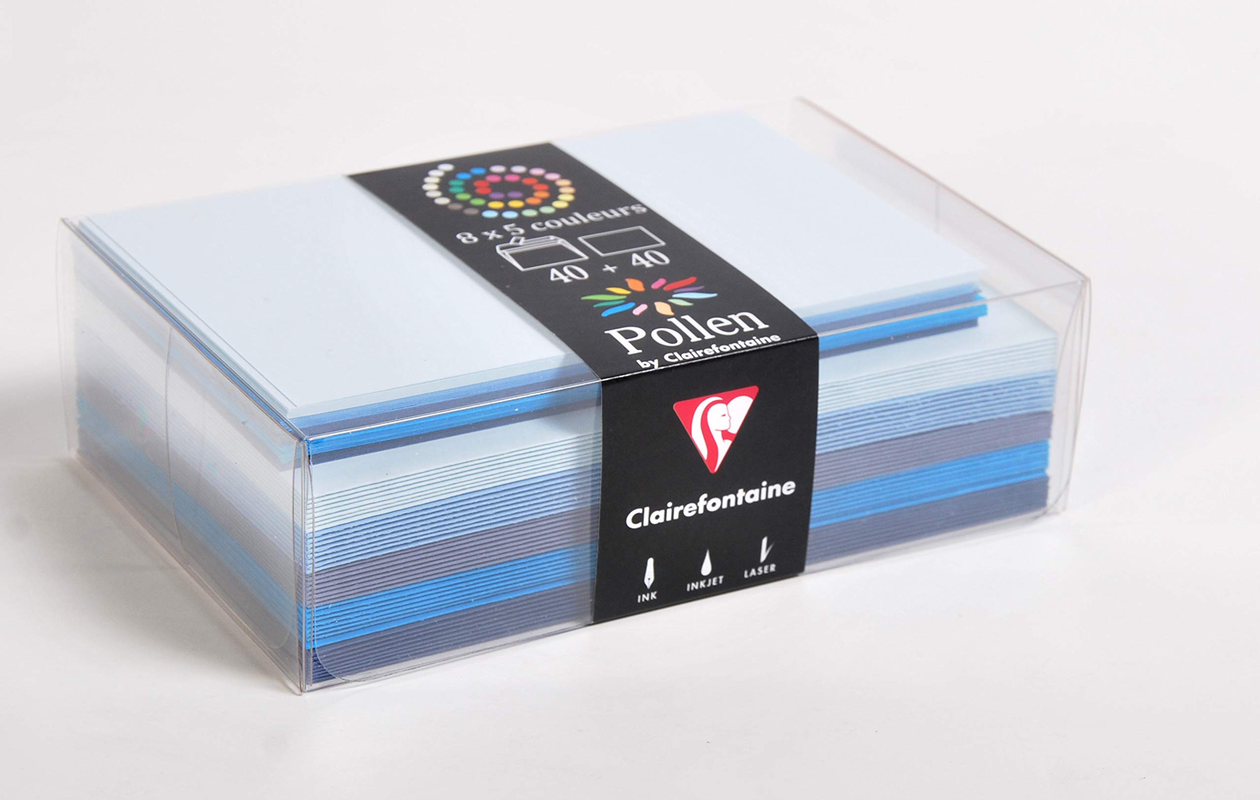 Clairefontaine 20861C Set of 40 Self-Adhesive Envelopes Format 9x14cm 40 Plain Cards Format 8,2x12,8cm Pollen Correspondence Blue Theme 5 Different Colours