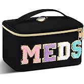 Geetery Clear Makeup Bag Chenille Letter Meds Bag Travel Cases Preppy Patch with Zipper, Portable Cosmetic Toiletry Storage case for Women(Meds,Black)