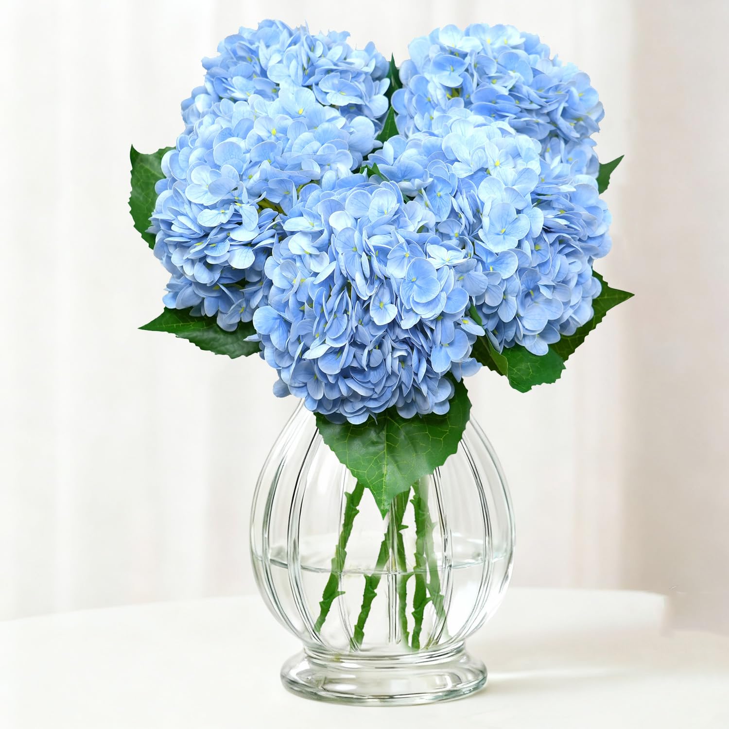 Taiyangxia BlueHydrangea Artificial Flowers 21 Inch Faux Hydrangea Flowers Real Touch Artificial Flowers with Stems & Leaves for Wedding Home Decor Party Table Decoration (5pcs)