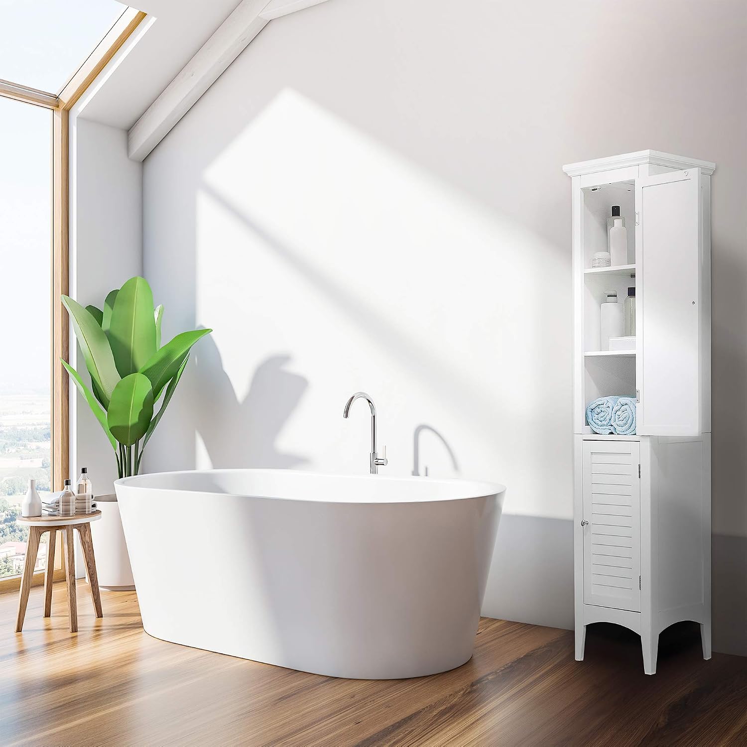 Teamson Home Free Standing Linen Storage Cabinet, Tall Bathroom Cabinet, Wooden Bathroom Storage, 2 Louvred Doors, 5 Shelves - Image 3