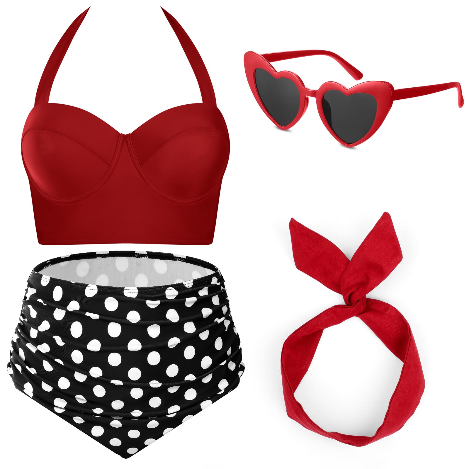 Photo 1 of JaGely 4 Pcs 1950s Women Red Polka Dot Bikini Sets Vintage High Waisted Swimsuits Retro Wire Headband, Heart Sunglasses(M)