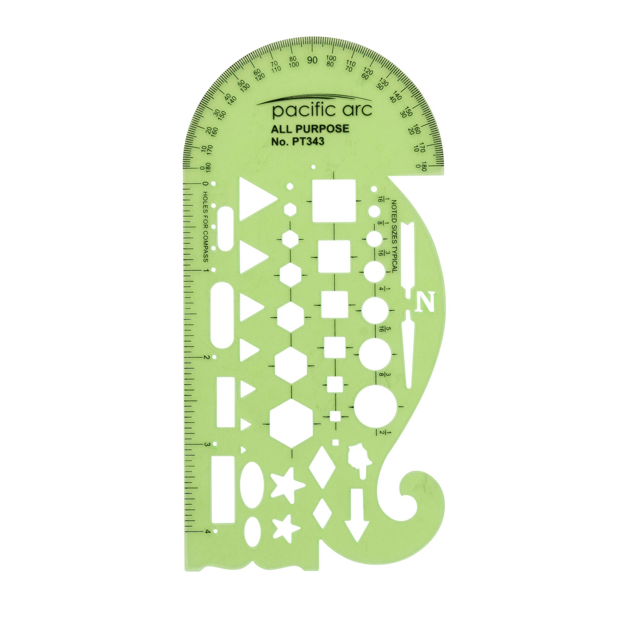 Pacific Arc All Purpose Template Guide, Featuring A Protractor, 4 Inch Ruler, French Curves, and Standard Shapes