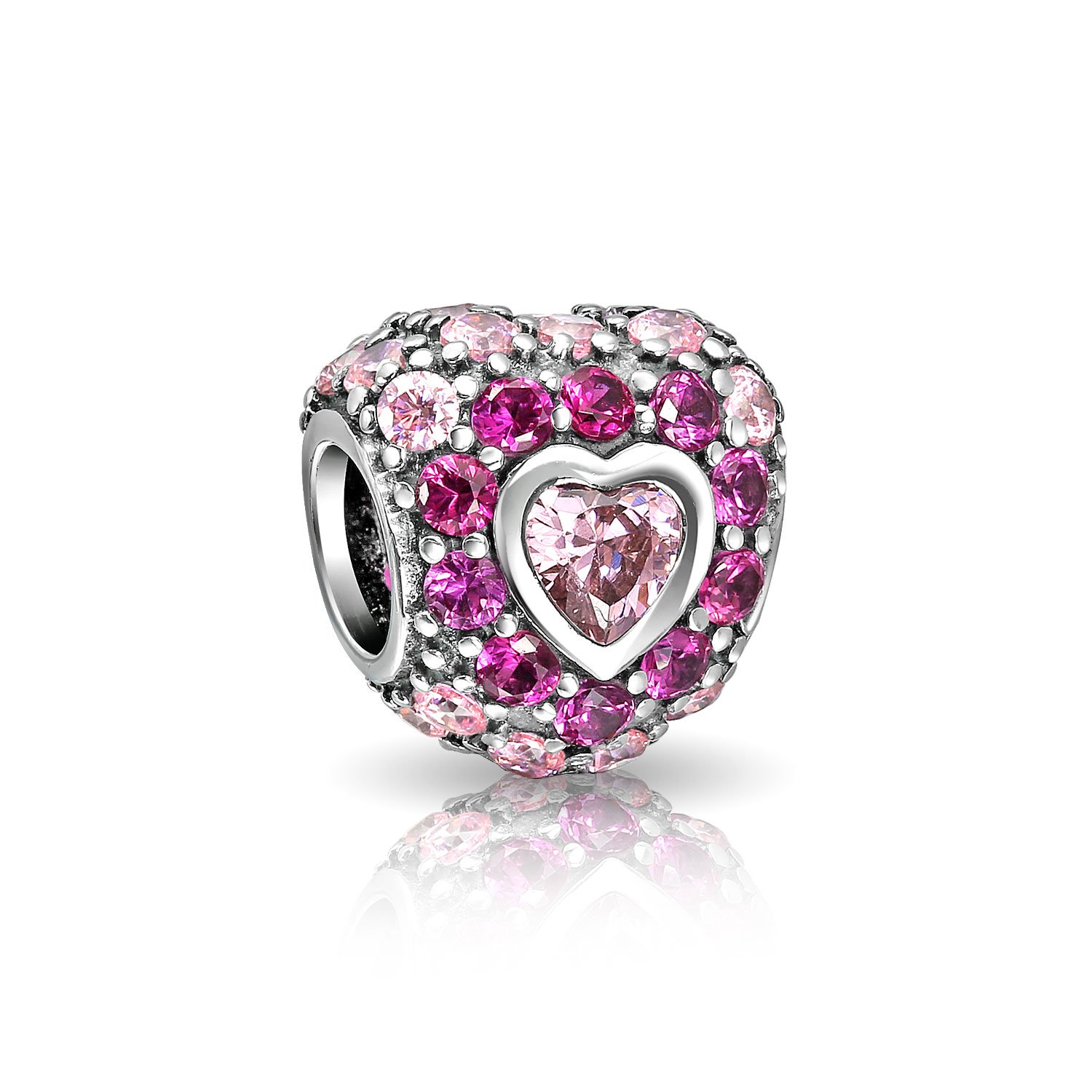 Bling Jewelry Hot Pink Fuchsia Cubic Zirconia CZ Pave Heart Charm Bead For Women Girlfriend Sterling Silver For European Bracelet