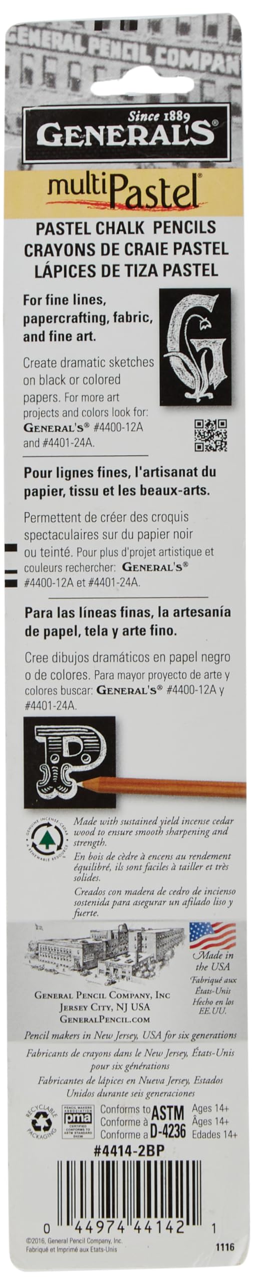 General Pencil 2 Piece Multi-Pastel Chalk Pencils, White