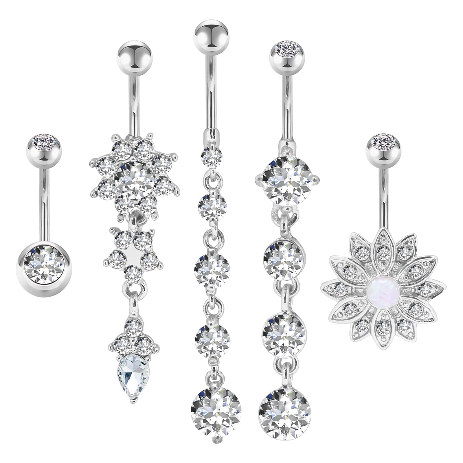 Zhichengbosi 5PCS Dangle Belly Button Rings, 14G 316L Stainless Surgical Steel Navel Rings Body Jewelry Piercing(Silver)