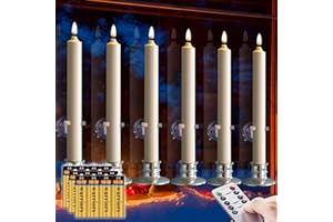 NONNO & ZGF 6 Pack LED Windows Candles with 12 AA Batteries(Include,Run More Than 400 Hours) + 6 Silver Removable Candlesticks + 6 Suction Cup,10'' Ivory Flameless Battery Taper Window Candle Light with Remote