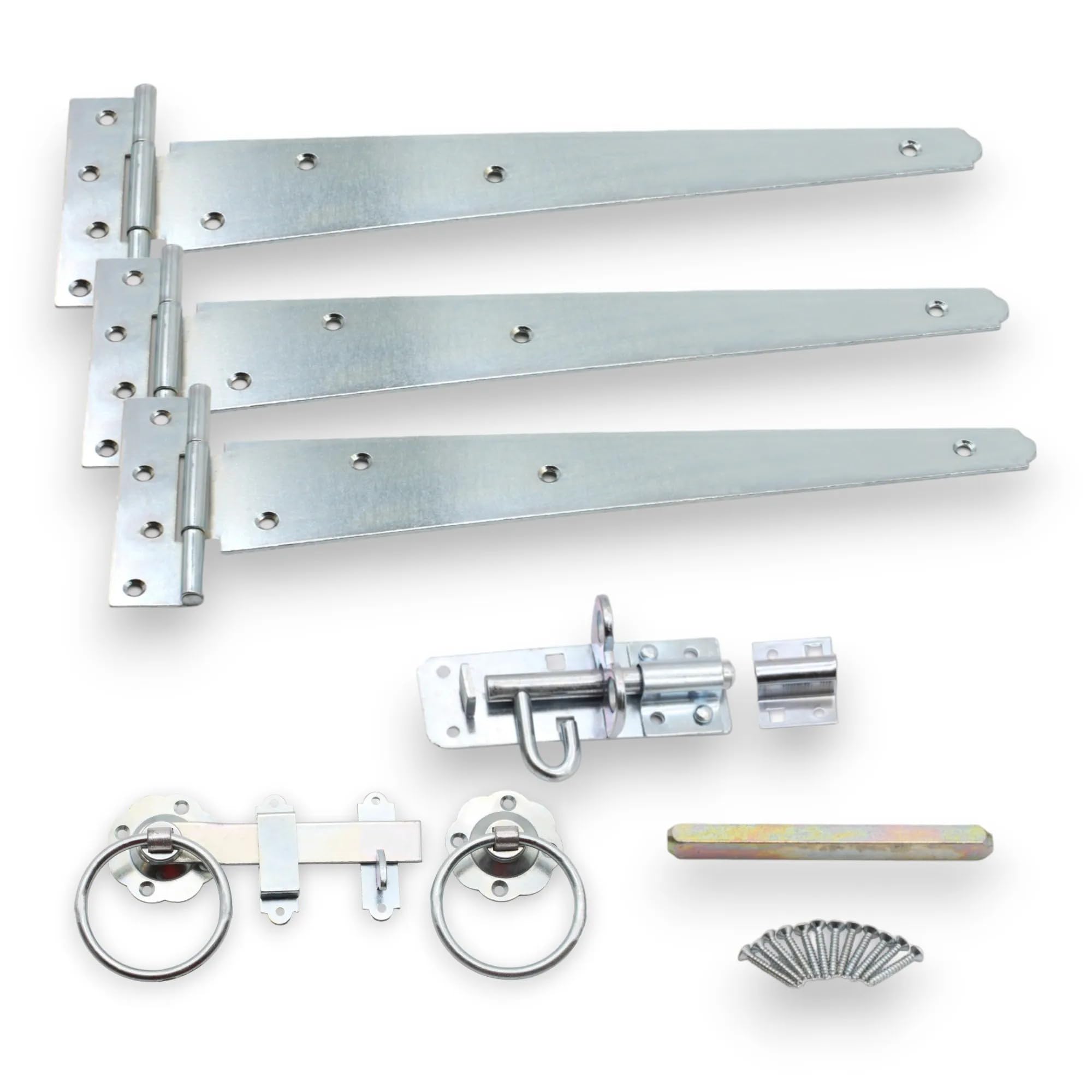 Infinity Decor 14" Tee Hinges (3) Garden Gate kit Plain Ring Latch and Brenton Bolt Wooden Gate Fittings Set Zinc - for Barn, Shed Doors, Garage Gate