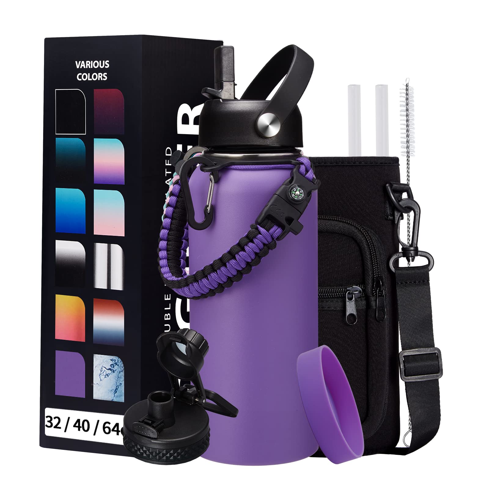 Photo 1 of DIGJUPER 32 oz Water Bottles with Straw & Spout Lid, Paracord Handle & Strap, Double Wall Insulated Flask Water Bottle, Reusable Wide Mouth Gym Water Bottles for Women and Men for Fitness Sports