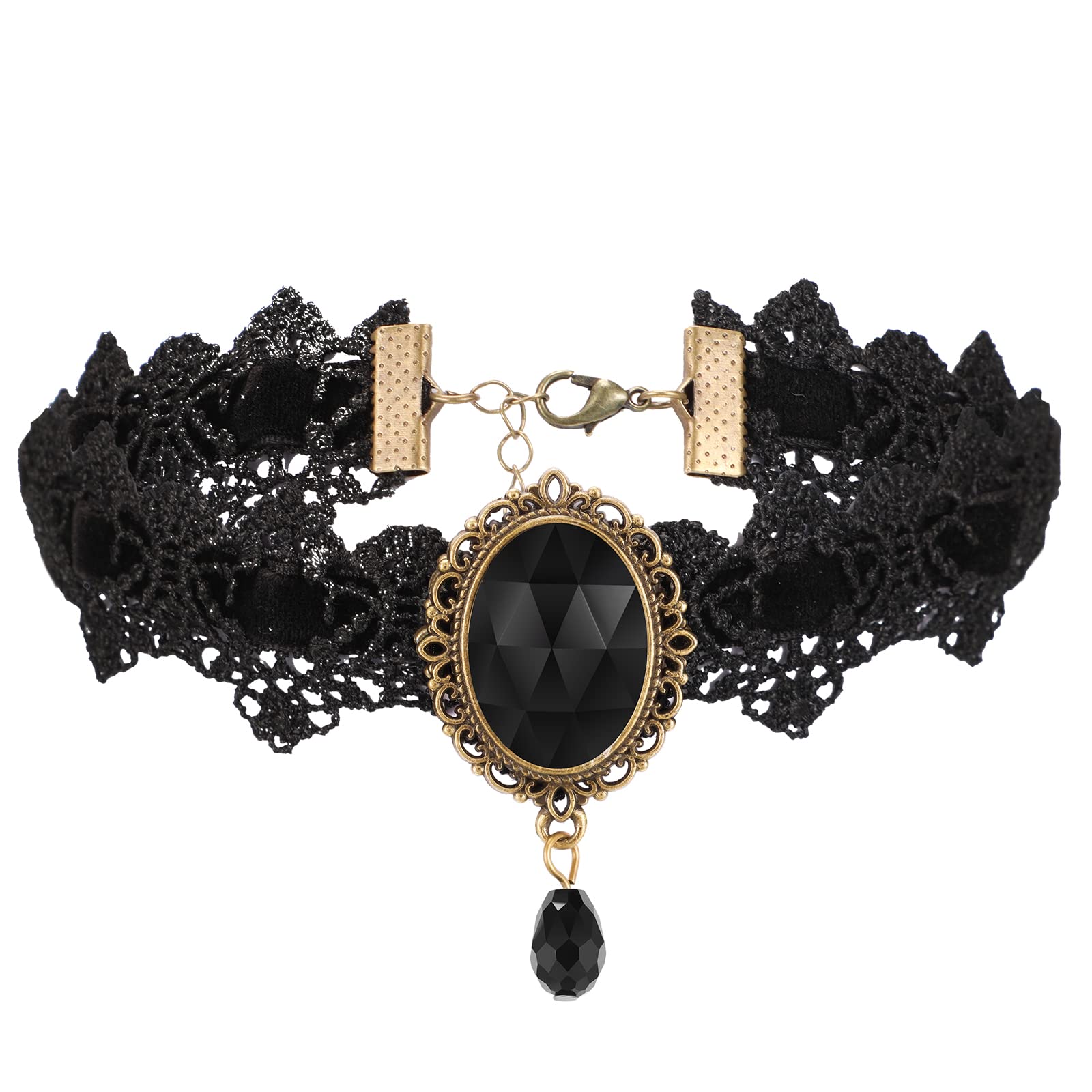 Jadive Black Choker Gothic Lace Choker Necklace Rhinestone Choker Collar Punk Lace Necklace Vampire Choker with Teardrop Pendant for Women Girls Cosplay Party