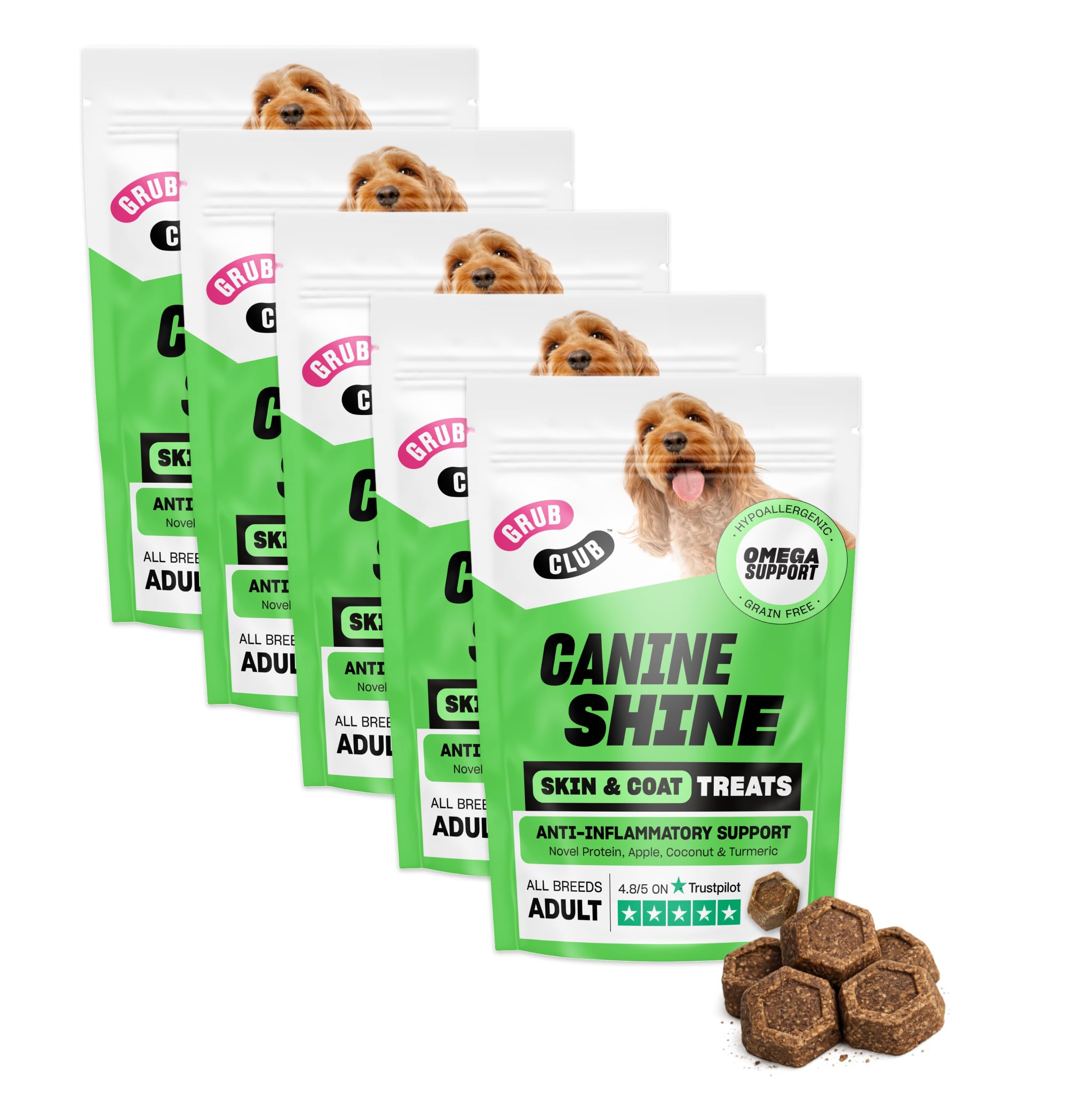 GRUB CLUB - Insect Protein Superfood Dog Treats for Glossy Coats & Healthy Skin - Grain Free, High Protein and Planet Friendly - Canine Shine (5 x 100g)
