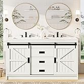 Jocisland Double Farmhouse Bathroom Vanity with Sink, 61in Sliding Barn Door Bathroom Storage Cabinet with Sliding Doors & Dr