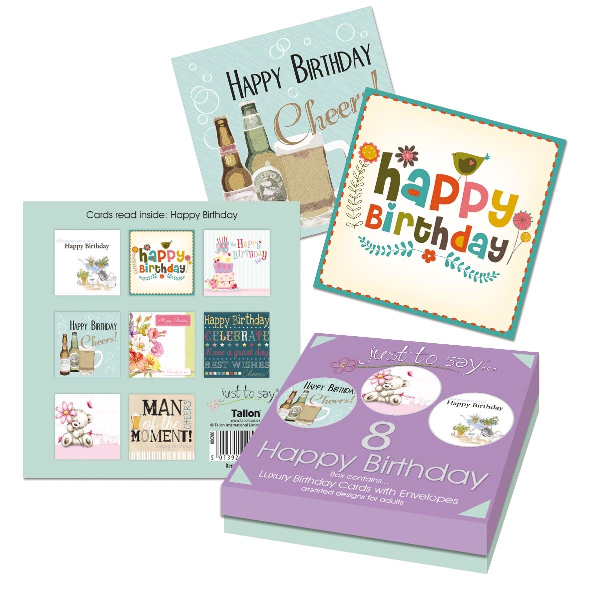 Just to Say 8 Adult Birthday Cards in Keepsake Box 4491,grey|purple|blue|green|beige