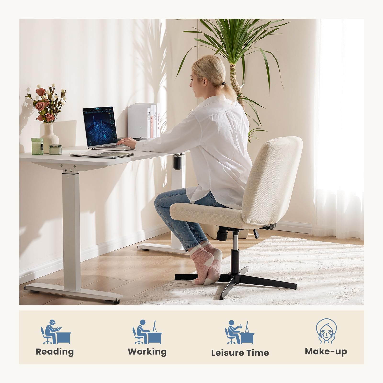 DUMOS Silla cruzada con patas para oficina, asiento de escritorio ancho y cómodo, sin ruedas, asiento para tareas de computadora sin brazos, giratorio, cómodo tocador, tela moderna para el hogar, altura ajustable
