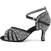 SWDZM Women Rhinestone Ballroom Dance Shoes Latin Salsa Performance Dancing Shoes,Black,7.5 US