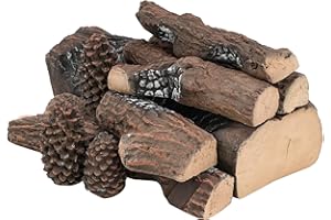 Skyflame 9-Pieces Ceramic Wood Logs with Pine, Faux Fireplace Logs for Gas Inserts, Fire Pits, Fireplace Decor