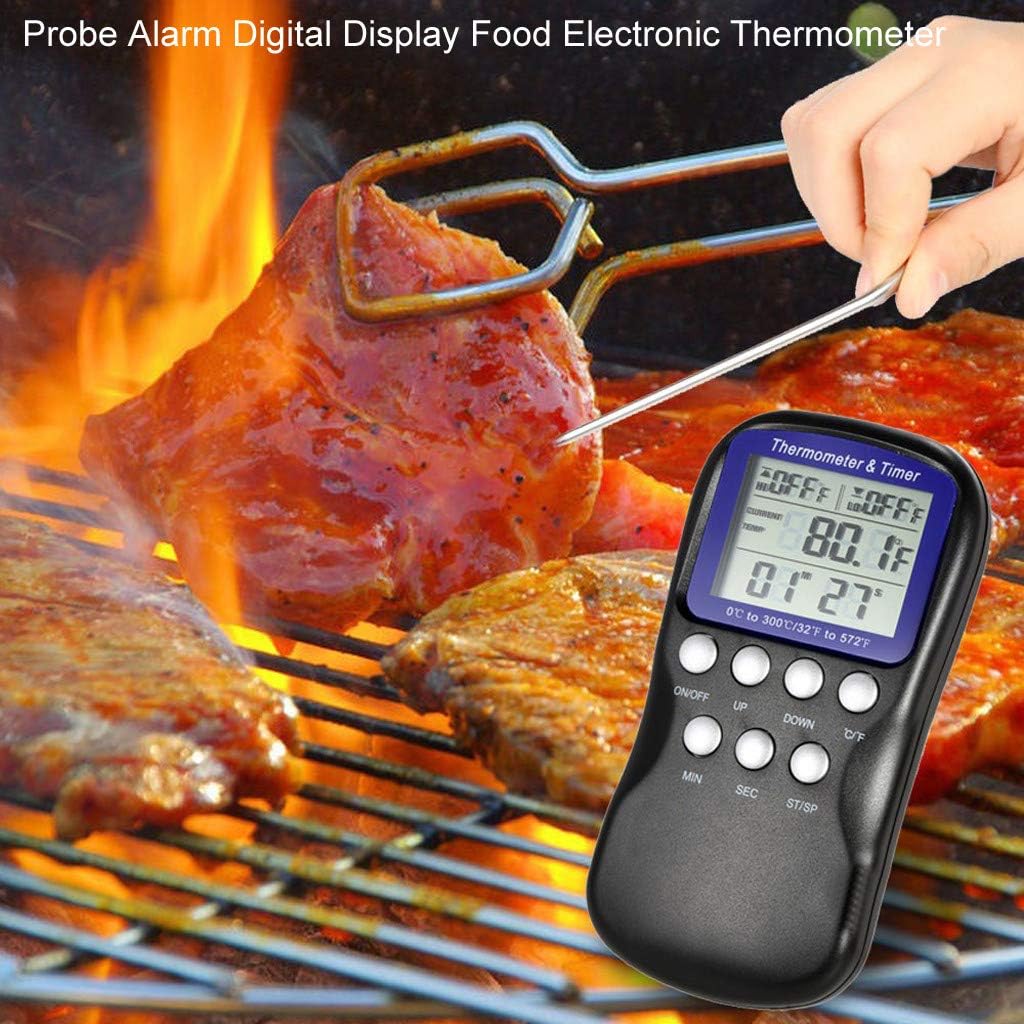 Large LCD Digital Cooking Food Meat Thermometer Sensor with Stainless Steel Temperature Probe for Kitchen Smoker Oven BBQ Grill Thermometer Timing Alarm Clock Timer Outdoor-Black