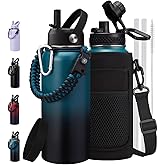 32oz 40oz 64oz Water Bottle - with Straw & Auto Spout Lids, Carrier Bag & Paracord Handle, Stainless Steel Water Bottles 32 OZ Thermal Flask for Sport Work Travel, Cold-48Hrs Hot-24Hrs
