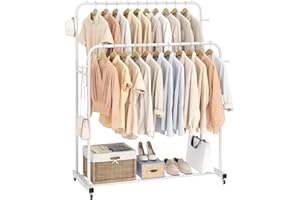 Laiensia Double Rods Garment Rack with Wheels, Clothing Rack for Hanging Clothes,4 Hooks, Multi-functional Bedroom Clothes Rack, White