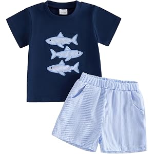 Toddler Baby Boy Fish Smocked Outfit Short Sleeve T-Shirt Striped Shorts | Infant Boys Fish Smocked Clothes Short Sleeve T-sh