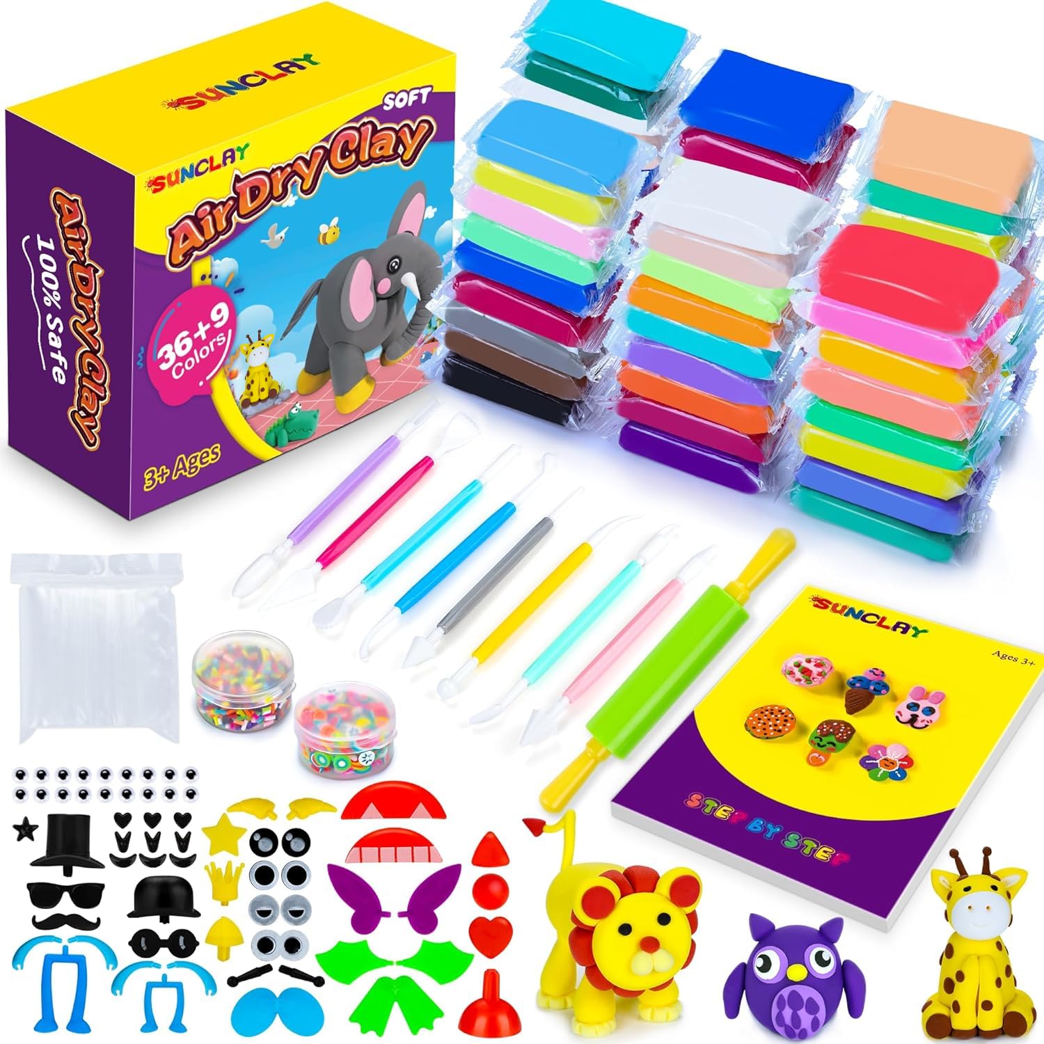 SUNCLAY Air Modeling Clay - 45 Colours with 80 Page Project Book, 9 Clay Tools, 5 Accessories, Ages 3-12