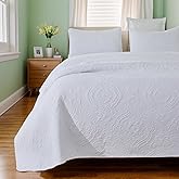 Brandream Solid White Quilt Set Queen King Size Premium Cotton Luxury Farmhouse Damask Matelasse Quilt Bedding Set Lightweight Quilted Comforter Set(96x104)