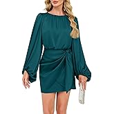 ZTMZA Cocktail Dresses for Women Formal Short Satin Dress Elegant Long Sleeve Crew Neck Tie Waist Wedding Party Mini Dress