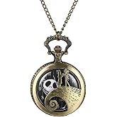 JewelryWe Nightmare Before Christmas Pocket Watch for Men Women Antique Quartz Pendant Chain Necklace Watch for Mother's Day